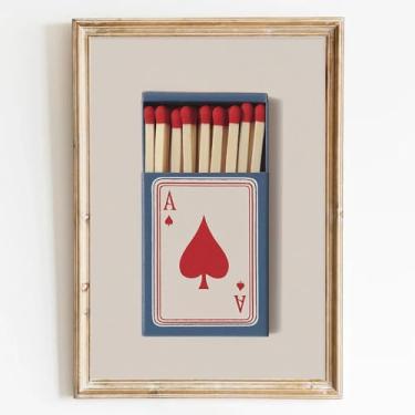 Imagem de Arte de parede em tela vintage Matchbox azul estético pôster vermelho e azul impressões minimalistas jogando cartas Ace cartaz colorido retrô Matchbook impressão vintage arte para quarto 40 x 61 cm