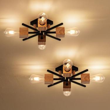 Imagem de fengkeDU 4 lâmpadas Sputnik luminária preta embutida luz de teto industrial madeira 55,88 cm luzes de teto para cozinha quarto banheiro hall de entrada (embalagem com 2)