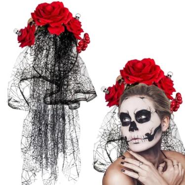 Imagem de RUSTAMM Black Veil Halloween Red Rose Flower Headband Wedding Mexican Crown Headband Day of The Dead Women Party Headpiece