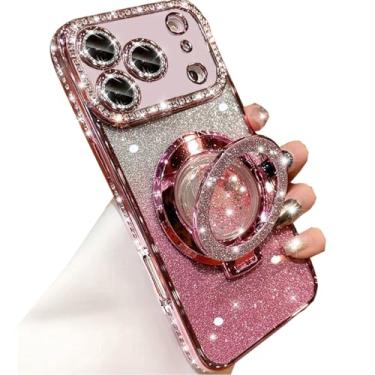Imagem de Changjia Capa com suporte de glitter para iPhone Pro Max, luxuosa, brilhante, diamante, strass, com protetor de câmera, anel de fluxo líquido, suporte de TPU (poliuretano termoplástico), capa feminina