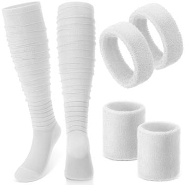 Imagem de Mumucove Conjunto de meias de futebol americano, faixas de bíceps, faixas de pulso, meias extra longas, pulseira de algodão grosso para esportes, jovens, adultos (clássico, M, branco)