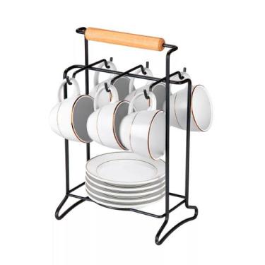 Imagem de Porta 6 Xícaras Pires Chá Café Suporte Mesa Aço Bambu Preto - Arthi, P