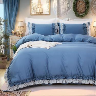 Imagem de Conjunto de capa de edredom com babados azuis, chique, boêmio, King, elegante, renda, franja, babados, super macio, leve, todas as estações, capa de edredom com fronhas