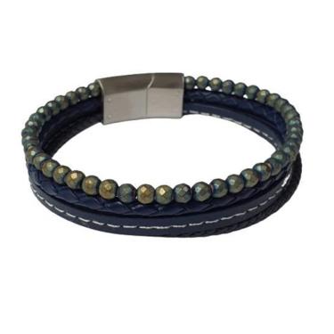 Imagem de Bracelete rosso couro preto/azul /labradorita azul/dourado