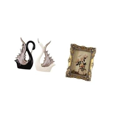Imagem de Fenteer Escultura de Cerâmica de Cisne E Moldura Ornamentada, Decoração Vintage de Resina para Prateleira, Mesa de Aniversário, Decoração de Casamento