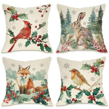 Imagem de Fahrendom Capas de almofada decorativas de animais da floresta de inverno, 45,7 x 45,7 cm, conjunto com 4, raposa da neve, robin, pássaros cardeais, coelho, varanda, exterior, capa de almofada de sofá