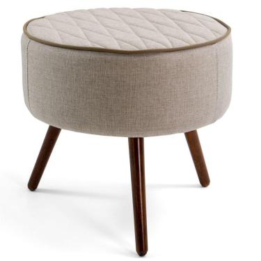 Imagem de Puff Decorativo Redondo Nina D02 Tressê Bege Pés Palito Rústico D-470 - Lyam Decor