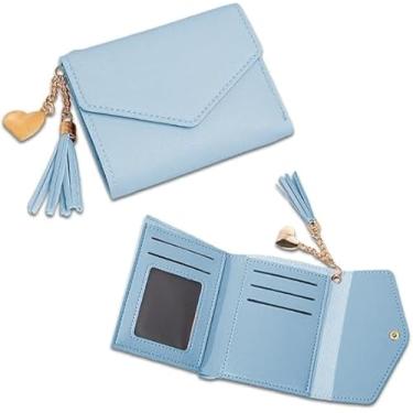 Imagem de Carteira compacta de três dobras para mulheres, porta-cartões minimalista, com pingente de borla, bolsa versátil para uso diário, Azul, Clássico