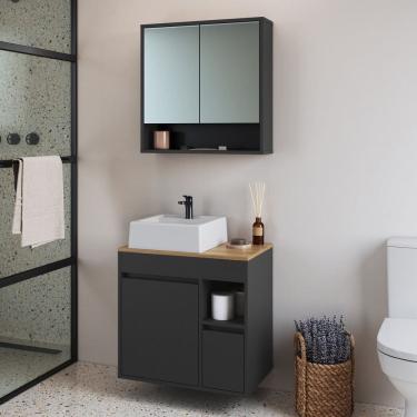 Imagem de Conjunto para Banheiro Gabinete Suspenso 60cm com Cuba e Espelheira Bangladesh Grafite