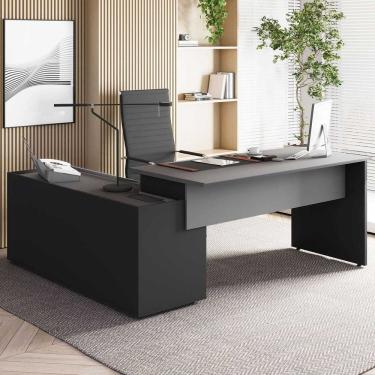 Imagem de Mesa em L 180x170cm com Armário Lateral Caixa de Tomadas e Tampo Chanfrado Escritório Corporate Cinza Sagrado/Preto