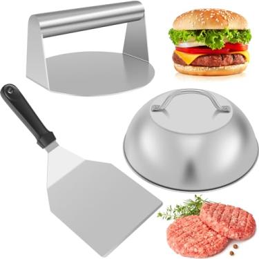 Imagem de Prensa de hambúrguer de aço inoxidável com espátula de chapa de tampa, prensa de hambúrguer de aço inoxidável de 13,5 polegadas, capa de alinhavo, espátula de grelha antiaderente 33,38 x 5,5 polegadas