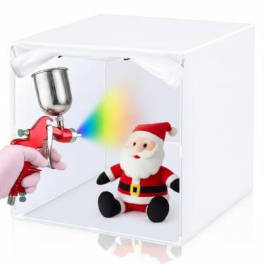 Imagem de Threehoney Kit de cabine de tinta spray cabine de aerógrafo portátil barraca de tinta spray com cortina e filtro, ferramenta de 40,6 x 40,6 x 40,6 cm para projetos faça você mesmo, modelo de peça de