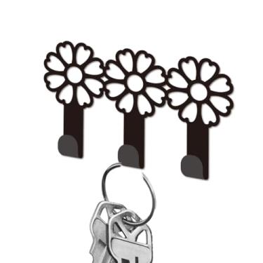 Imagem de DELORIGIN Porta-chaves de metal com flores para parede, utensílios de cozinha, organizador de chaves, cabides decorativos de parede com 3 ganchos para entrada, porta da frente, corredor, cozinha