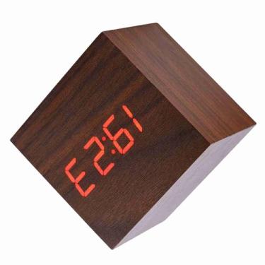 Imagem de Despertador Digital de Madeira Relógio Temperatura LED Display Controle de Voz para Decoração de Escritório Doméstico (Madeira marrom + luz vermelha)
