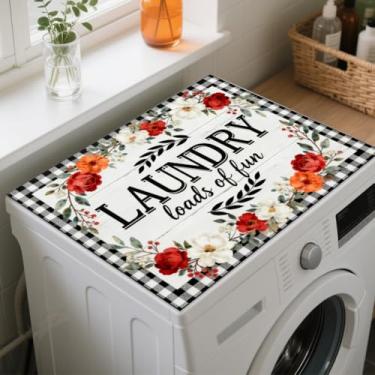 Imagem de GLOBLELAND Grinalda de flores retrô para lavanderia lavadora e secadora tapete de cobertura contra poeira 59,98 x 50 cm almofada protetora superior de máquina de lavar texto de lavanderia grade