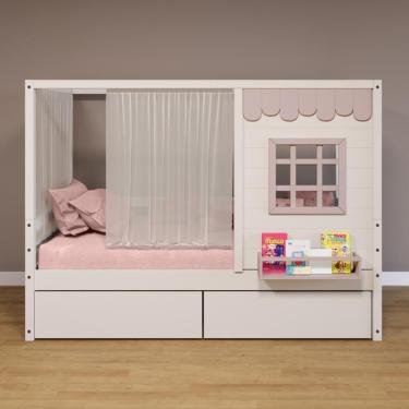 Imagem de Cama Casinha Reta Com 02 Gavetas E Cortina Madeira Maciça Branco- Rosa Housin
