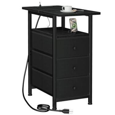 Imagem de AMHANCIBLE HETN013BK-1 Mesa de centro com estação de carregamento, mesa lateral estreita com portas USB e soquetes, mesa de cabeceira fina com 3 gavetas de tecido para quarto