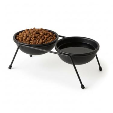 Imagem de Comedouro Elevado Duplo Cães Gatos Pequenos Suporte Metálico Premium 25cm, 2 Tigelas 300ml Plástico Anti-Derrapante Ergonômico Previne Refluxo Artrite Preto Moderno