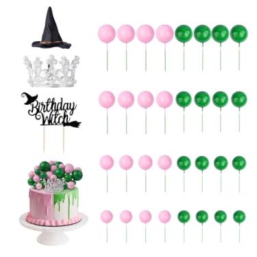 Imagem de 35 Pcs Wicked Party Decorations Supplies Witch Cake Topper Set with Crown Witch Hat Non Edible Cupcake Toppers for Pink and Green Birthday Decoration