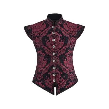Imagem de Diajosa cos Colete masculino Tudor duplo vitoriano medieval renascentista Tudor príncipe rei fantasia Ren Faire Jerkin colete colete (vermelho preto, 2GG)