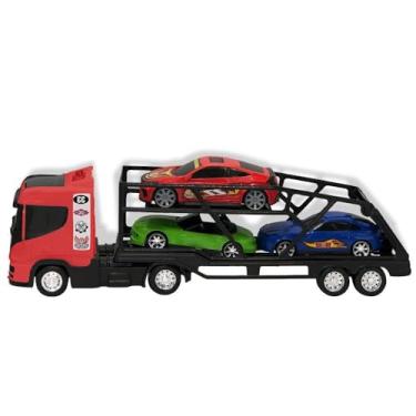 Imagem de Caminhão Cegonheira de Brinquedo com 3 Carros, Transportador Vermelho Grande, Carros Esportivos Coloridos, Conjunto Infantil