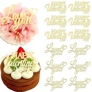 Imagem de 12 peças de enfeite de cupcake acrílico espelhado dourado feliz dia dos namorados, decorações de bolo Love You, artigos de festa de 6 x 3 cm
