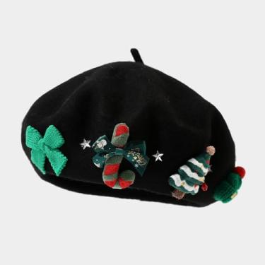 Imagem de Boina alternativa de Natal em preto - laço verde e chapéu de malha de árvore 3D para mulheres, gorro escuro de inverno com detalhes em bengala doce