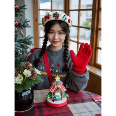 Imagem de Boina de Natal para mulheres – Chapéu de mistura de lã vermelha com árvore bordada, bengala doce, design de estrela e meias, gorro de malha elegante, acessório de férias