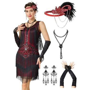 Imagem de RRYIO Vestidos melindrosa anos 1920 para mulheres, vestidos de renda com decote em V, vestidos Gatsby com franjas e loucos anos 20, Vermelho, XX-Large