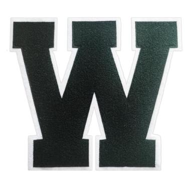 Imagem de 1 Patch de letra de chenille preto de 16,5 cm com borda branca – Adesivos do alfabeto para roupas, jaquetas, mochilas, chapéus para decoração personalizada, nome personalizado e artesanato. (W)