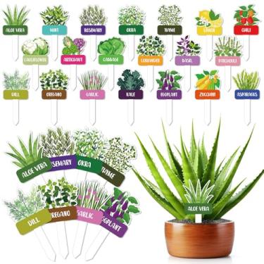 Imagem de Fiwochic 20 peças de placas acrílicas de legumes, 20 etiquetas de estaca de plantas estilo com nomes, marcadores de jardim de ervas à prova d'água, marcadores reutilizáveis para mudas, berçário