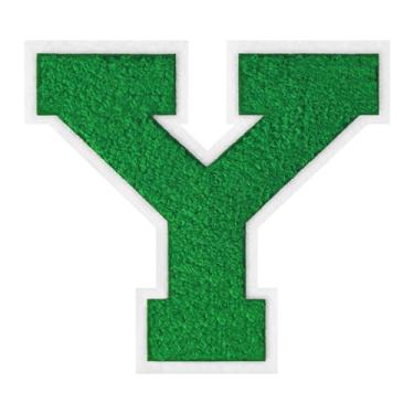 Imagem de 1 peça de patch de letra de chenille verde de 15 cm com borda branca – adesivos do alfabeto para roupas, jaquetas, mochilas, chapéus para decoração personalizada, nome personalizado e artesanato. (Y)
