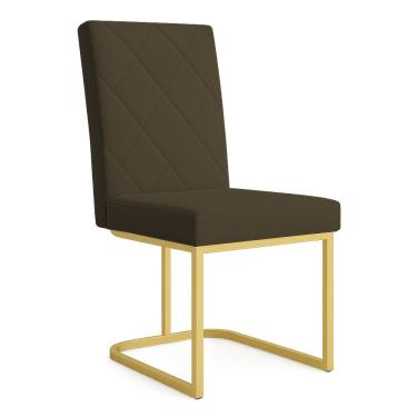 Imagem de Cadeira De Jantar Estofada Siena Linho Marrom Café Base De Ferro Dourada - Pallazio