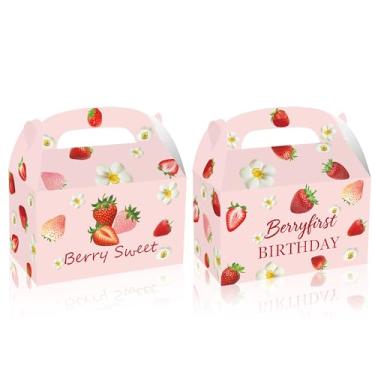 Imagem de 24 caixas de presente com tema de morango, adoráveis recipientes rosa com estampas de morango, lembrancinhas para aniversários, chás de bebê, celebrações infantis