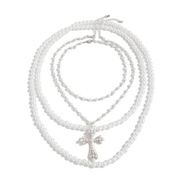 Imagem de Colar com cruz de pérola grossa, multicamadas, contas falsas, gargantilha empilhada, colar de cruz grande, joias, outono, inverno, decorações de roupas, one size, Zinco, Sem Pedra Preciosa