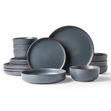 Imagem de Famiware Conjunto de louça Mercury com tigelas de macarrão, serviço para 4 (16 peças), conjuntos de pratos e tigelas, conjunto de pratos para micro-ondas e lava-louças, carvão