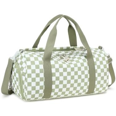 Imagem de BLUBOON Bolsa de ginástica fofa para meninas, crianças, com compartimento para sapatos e separação úmida à prova d'água, bolsa esportiva de viagem noturna, Grades brancas verde-sálvia, 18.1 x 8.7 x