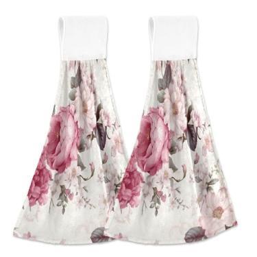 Imagem de Toalhas de cozinha vintage flor bege com laço para pendurar toalhas de banho absorventes conjunto de 2, toalha de cozinha personalizada decorativa 18,2 x 14 polegadas