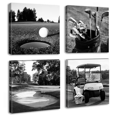 Imagem de DJSYLIFE Arte de parede de campo de golfe para decoração de golfe - Pôster esportivo preto e branco impressões em tela imagem para decoração moderna de quarto de escritório em casa masculina esticada