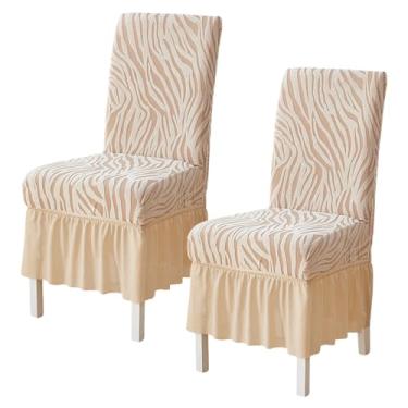 Imagem de Pacote com 2 capas de cadeira elásticas para sala de jantar, tecido jacquard listrado, capa protetora removível e lavável com saia de babados para cozinha, banquete, decoração de casamento, bege