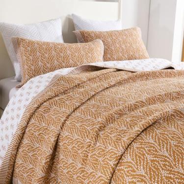Imagem de SahSahCasa Conjunto de colcha King, conjunto de cama 100% algodão, estampa botânica, cor sólida, chique, leve, edredom acolchoado para cama king, branco/caramelo, todas as estações, 3 peças