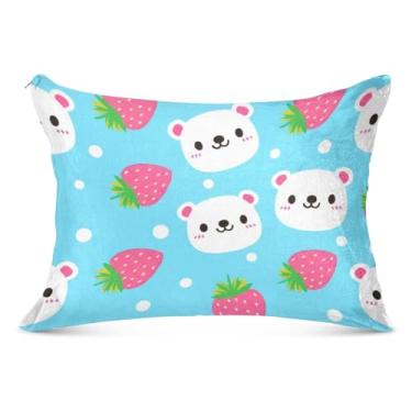 Imagem de Linda fronha decorativa de ursos morangos azul com zíper padrão Queen King fronhas de travesseiro fofas para decoração de cama de casa, tamanho king, 50,8 cm x 101,6 cm
