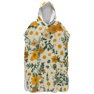 Imagem de Joisal Roupão para adultos, poncho de surfe, praia, banho, toalhas com capuz, reutilizáveis, vintage, margaridas, flores silvestres, bege, ponchos para adultos para mulheres