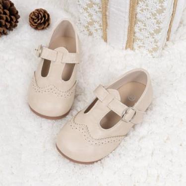 Imagem de Sapato infantil Mary Jane com tira em T clássico para festa de casamento, escola, casual, A01 Bege, 10.5 Toddler