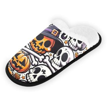 Imagem de Chinelo de pelúcia Mushroom Forest, masculino, leve, hospitalar, com bolsa de armazenamento, Crânios de desenho animado de Halloween com ossos cruzados, 9-12 US Women/9-12 US Men