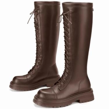 Imagem de SLXCHBSL Botas de cano alto femininas cano alto outono inverno botas longas para mulheres bico redondo salto plataforma grosso couro sintético zíper cadarço motociclista botas de equitação casual