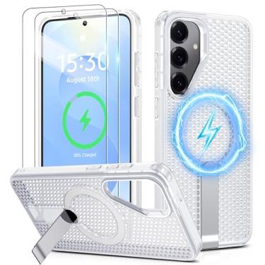 Imagem de Jshru Para Samsung Galaxy S25/S24 Cas com [2 peças] películas de tela HD, compatível com MagSafe [proteção contra quedas de grau militar], capa fina translúcida com suporte invisível para S25