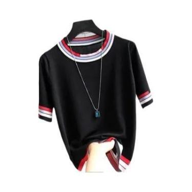 Imagem de Suéter Feminino Listrado Fino De Verão Com Manga Curta Elástica Em Tri