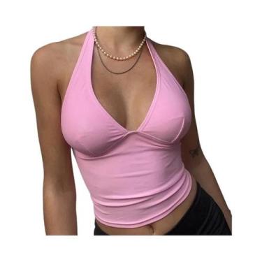Imagem de Camiseta Regata Feminina Rosa Com Decote V Halter Sem Costas, Estilo C
