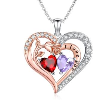 Imagem de WYDDO Colar de coração rosa para mulheres, pingente de pedra de nascimento duplo, presente de aniversário e Natal para sua esposa, mãe, filha, Base, Zircônia cúbica